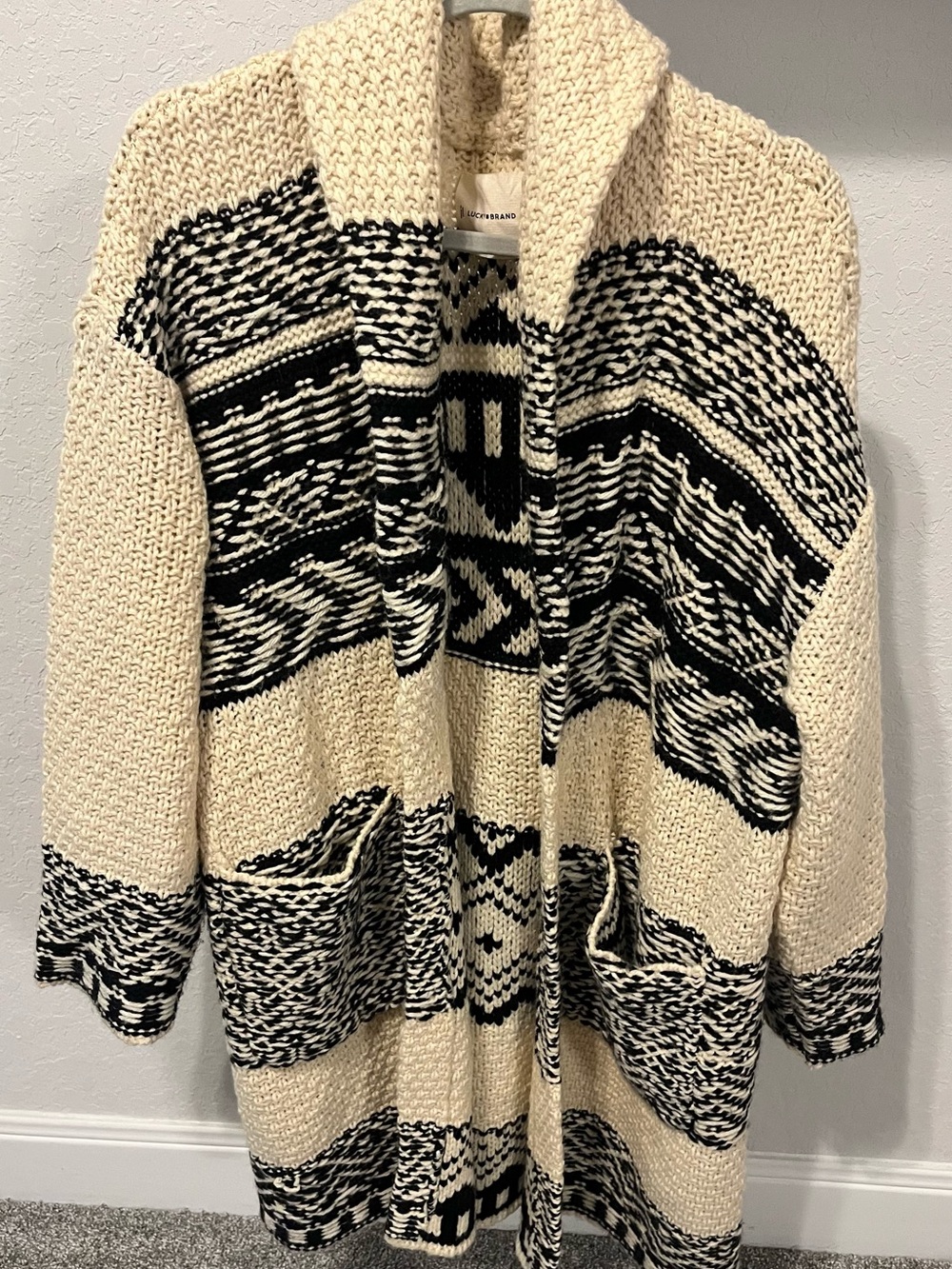 Lucky Brand Cream and Black Patterned Shawl Cardigan